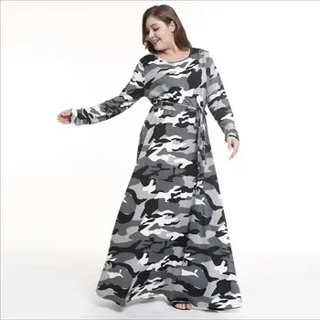 

Women Autumn Large Size O-neck Loose Camouflage Printed Long Sleeve Long Dress Female MD036