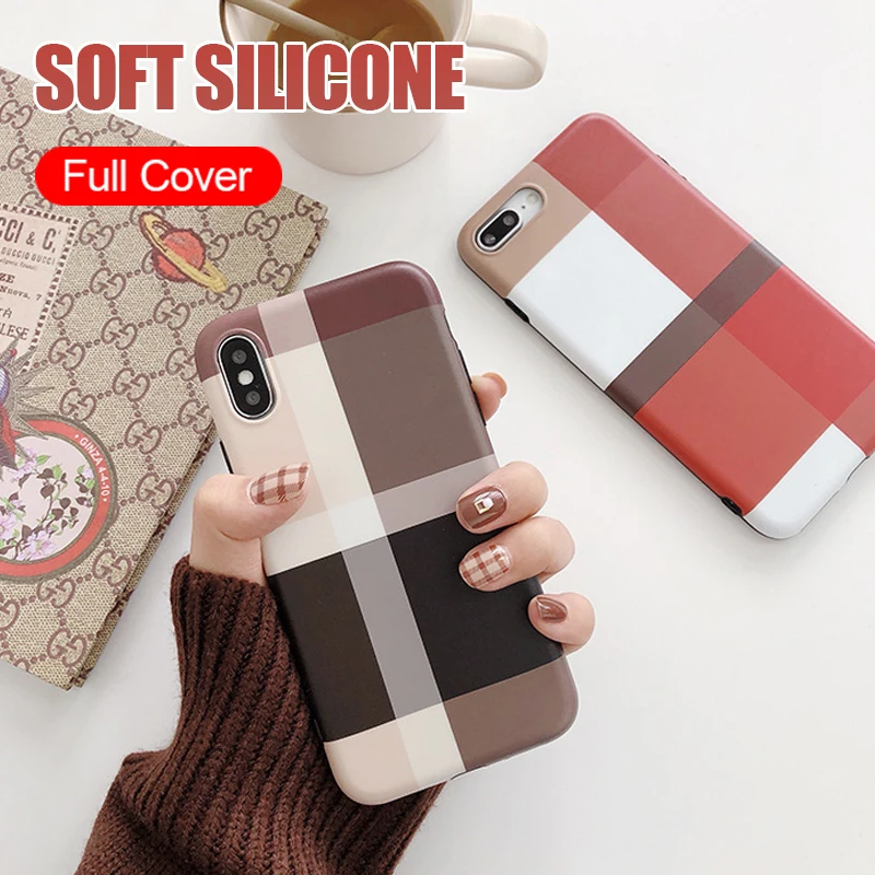 

Simple retro striped plaid Phone Case On The For iphoneX XR XS Max soft TPU Case For iphone8 7 6 6S Plus silicone IMD Case cover