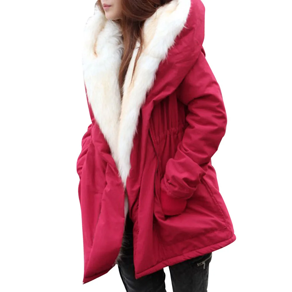 2018 Winter Women Long Parka Fashion Red Faux Fur Winter Women Coat