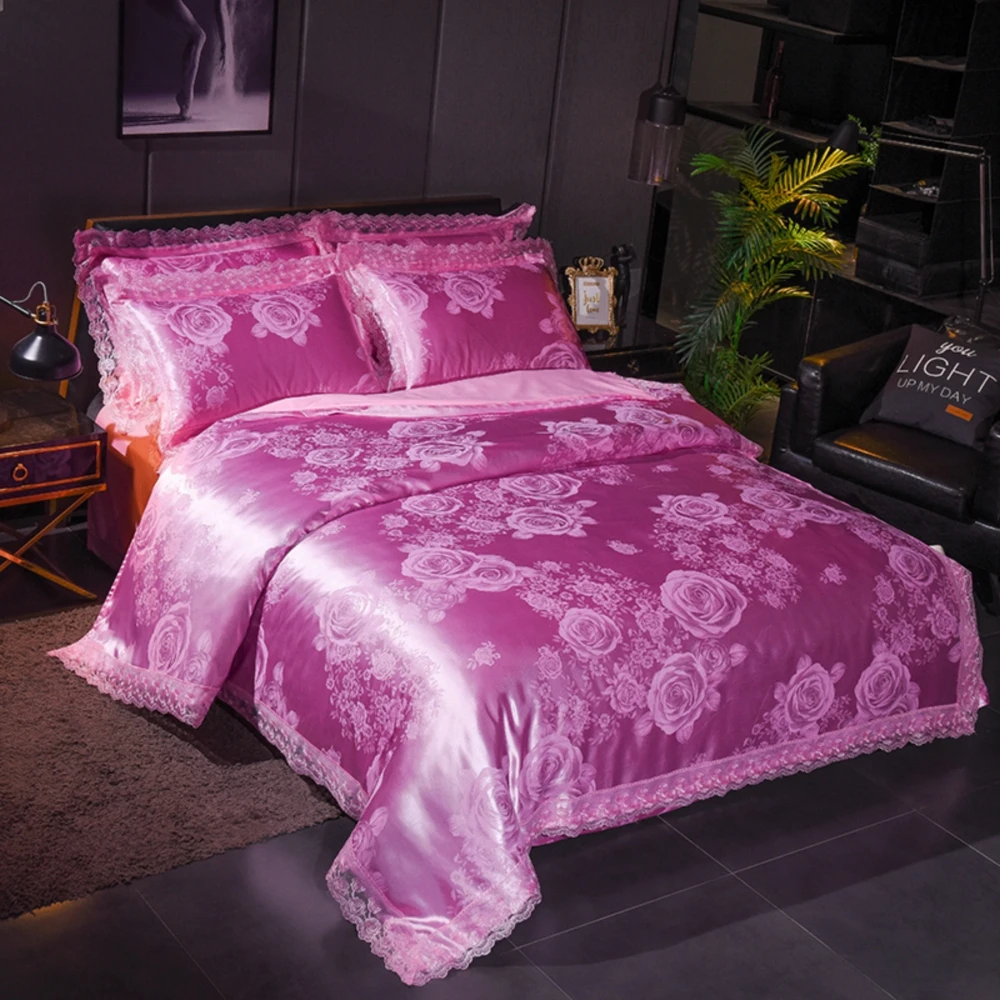 

Wedding Luxury Bedding Sets Jacquard Queen/King Size Duvet Cover Set Bed Linen bed sheet Modal jacquard lace Pink Rose TY20892