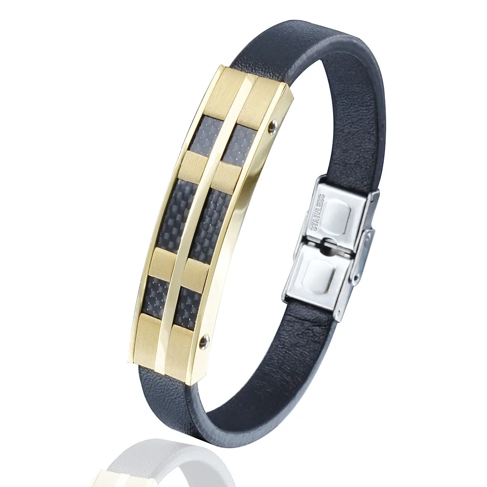 HAWSON Punk Gold Bracelet Stainless Steel Clasp Micro Fiber Leather Bracelet Men Women Wristband