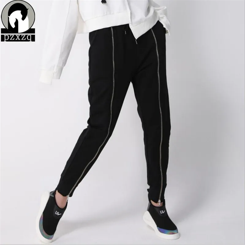 

2018 Autumn Winter Detachable Zipper Harem Pants Sweatpants High Waist Side Black Trousers Woven Elastic Waist Fitness Workout