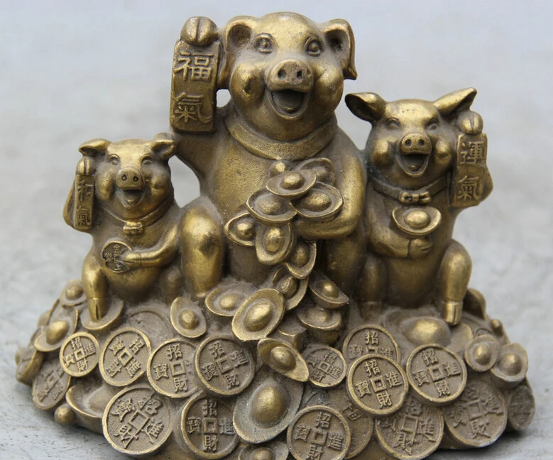 

R0717 Details about 6' Chinese Brass Wealth Rich Zodiac Year Three Pig Money Coin Statue Sculpture B0403