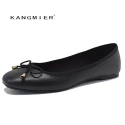 KANGMIER/Женская обувь на плоской подошве черного цвета из натуральной кожи, балетки на плоской подошве с квадратным носком и бантом, осенняя