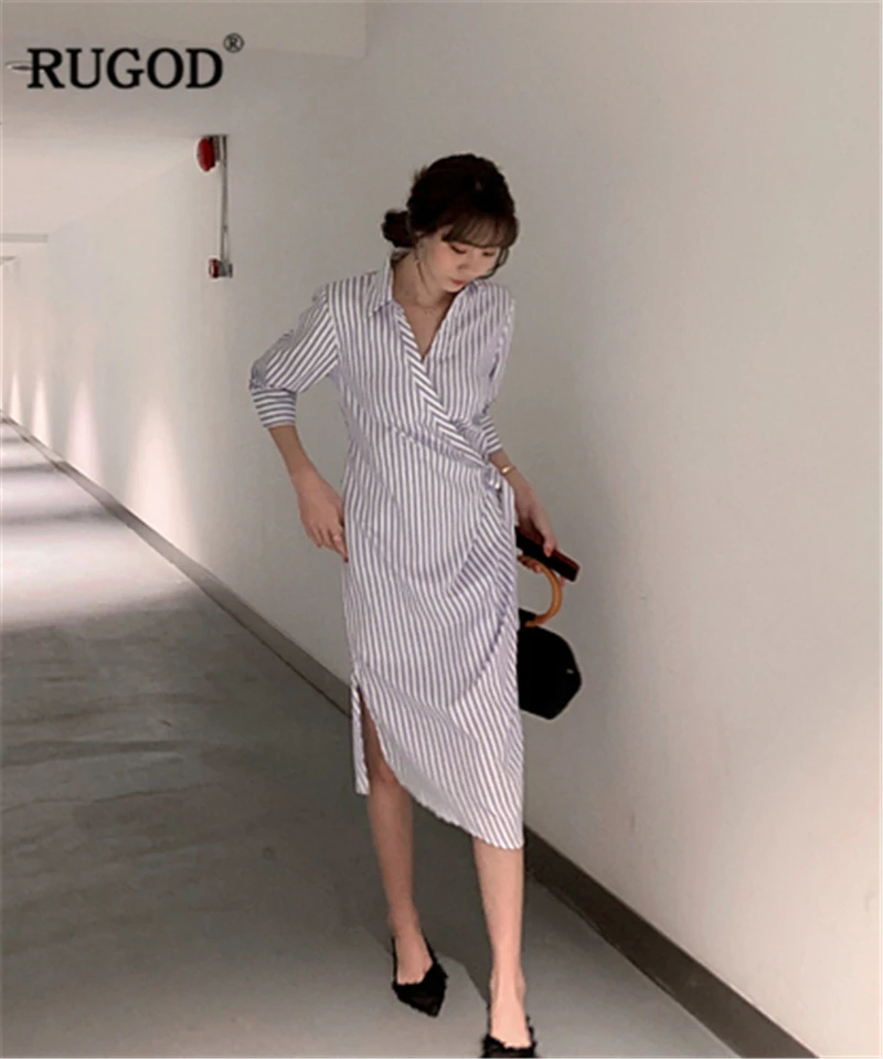 

RUGOD 2019 New Arrival Women Spring Summer Striped Dress V-neck Twisted Blackless Tunic Slim Dress Spilt Modis Mujer Vestidos