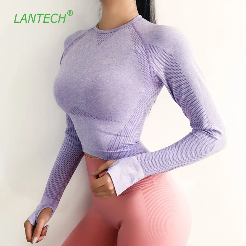 LANTECH, спортивные рубашки для йоги, для спортзала, бесшовный укороченный топ, для фитнеса, женские компрессионные футболки, футболки для бега, активных тренировок, спортивная одежда