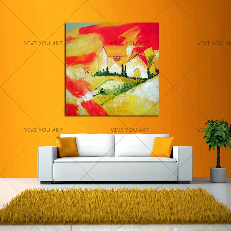 

100% Handmade Oil Paintings Abstract Yellow Red Sky House Painting On Canvas Living Room Home Decor Modern Landscape Wall Art