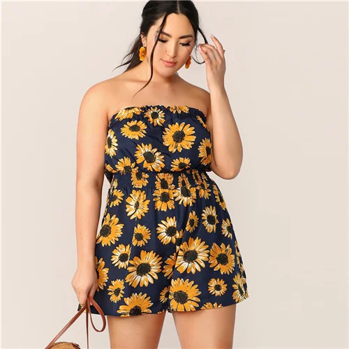 Многоцветный Шеин плюс Подсолнух печати Shirred Талия Труба комбинезон Boho Лето жабо комбинезон без рукавов без бретелек Комбинезоны - Цвет: Многоцветный