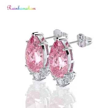 

Rainbamabom 925 Solid Sterling Silver Pear Water Drop Pink Sapphire Gemstone Diamonds Earrings Ear Studs Fine Jewelry Wholesale