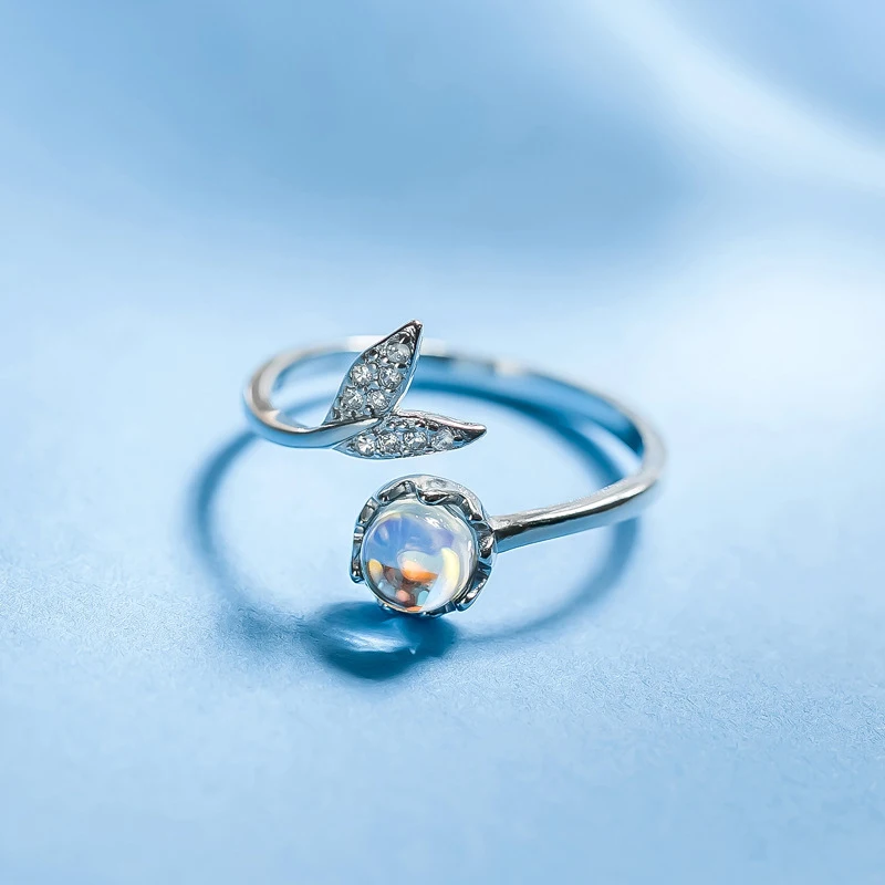 

Fashion Design Cute Mermaid Princess Moonstone Ring 925 Sterling Silver Jewelry Fishtail Open Cuff Rings Mermaid Tears Rings