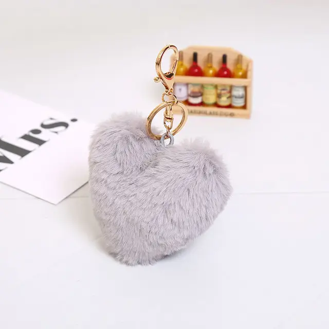 15cm Cute Fluffy Heart Keychain Pendant Women Key Ring Holder