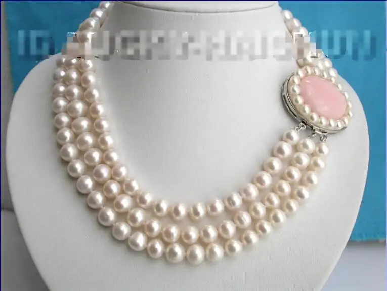 

Hot sale new Style >>>>>10mm 3row round white freshwater pearls necklace jade