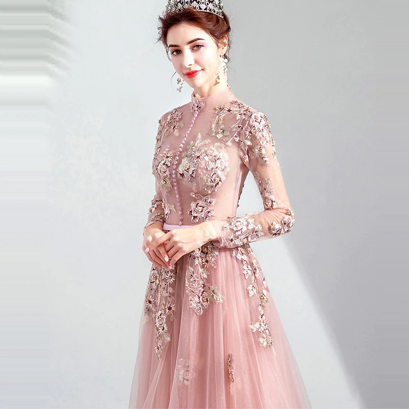 Это Yiya Выпускные платья розовый Высокий воротник с длинными рукавами трапециевидной формы длиной до пола Длинные вечерние платья на заказ плюс размер Выпускные платья E276