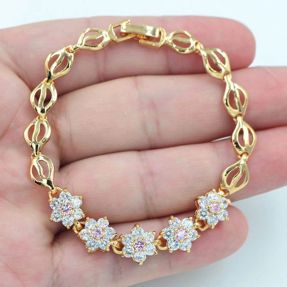 

Gold Color AAA+ Cubic Zirconia Lovely Women Cute Pink CZ Flower Charm Bracelet Jewelry