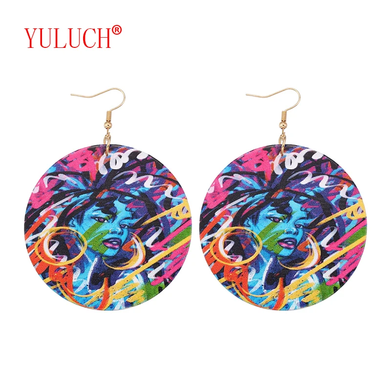 

YULUCH Exaggerated pop design painted trend woman pattern pendant for natural wooden fashion woman jewelry earrings party gift