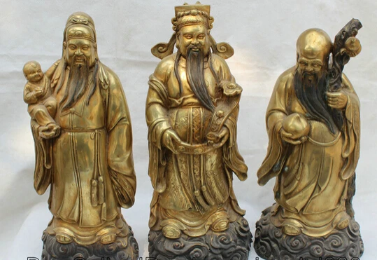 

JP S0524 15" Chinese Bronze Gild stand Feng Shui 3 Longevity God Fu Lu Shou Life Statue