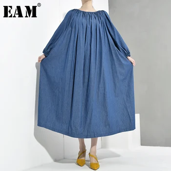 

[EAM] 2020 New Spring Autumn Round Neck Long Sleeve Backless Blue Denim Hollow Out Big Size Long Dress Women Fashion Tide JT6990