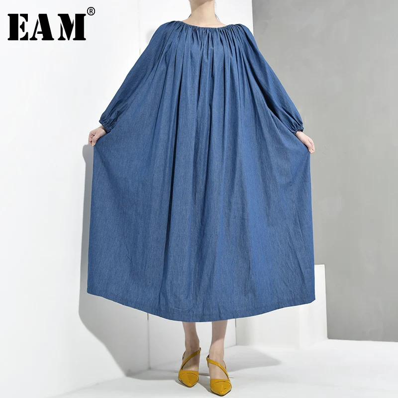 

[EAM] 2019 New Spring Autumn Round Neck Long Sleeve Backless Blue Denim Hollow Out Big Size Long Dress Women Fashion Tide JT6990