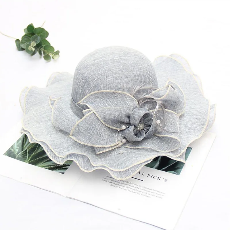 KISBINI Fashion Girl Women's Hat Wide Brim Vintage Linen Mesh Flowers Decoration Elegant Wedding Party Shade ladies Hats - Цвет: Navy