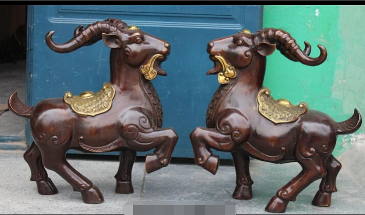 

bi002601 16" Chinese Bronze Gilt Zodiac Year Sheep Goat Animal Wealth Rich Statue Pair
