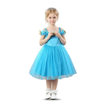 

Flower Girls Off Shoulder Dress Cinderella Blue Princess Tutu Party Dress with Dainty Butterfly Embroidery