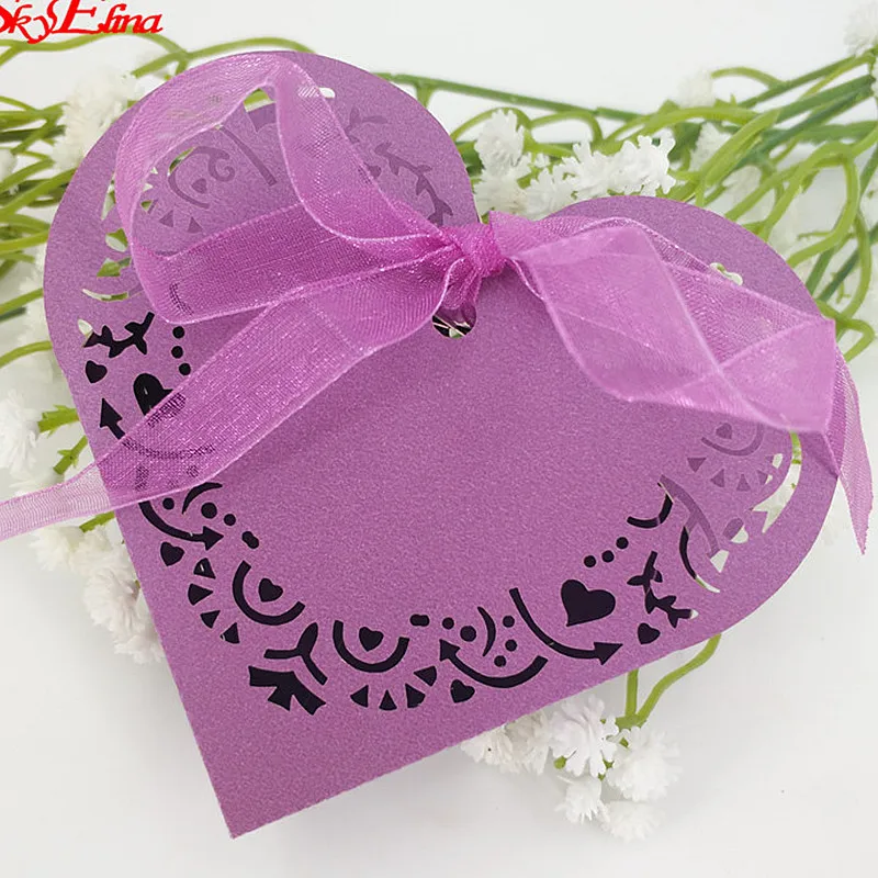 10/50 шт в форме сердца, для конфет коробки Лазерная резка коробочки для драже сувениры подарок коробка сладостей с резиновый детский душ свадебные принадлежности 5z - Цвет: Dark Purple
