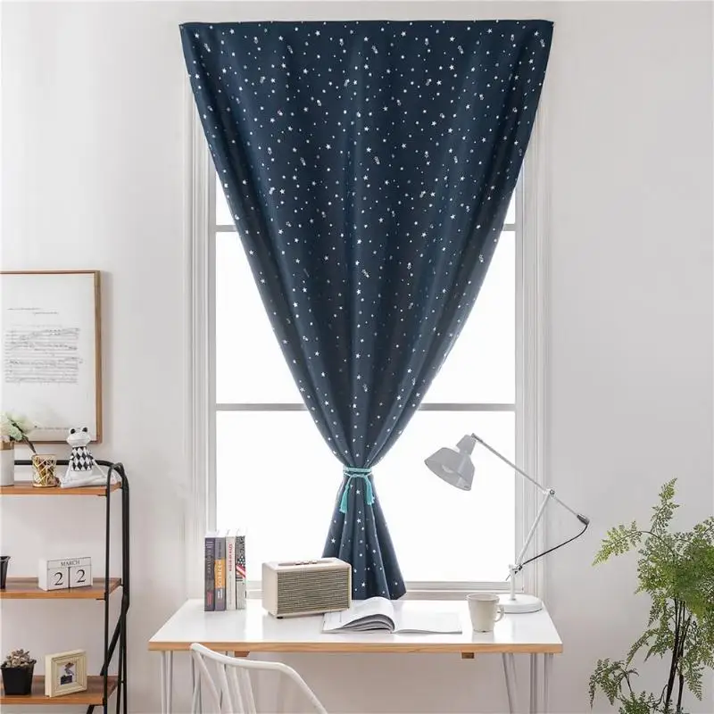 

Navy Blue Silver Stars Print Blackout Window Curtains Self-Adhesive Blinds Shade
