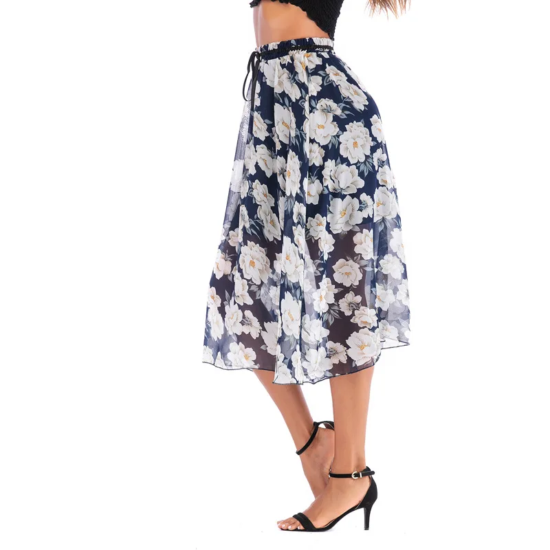 

2019 Chiffon Summer Skirts Womens A-Line High Waist Female Casual Floral Printed Midi Skirts Beach Style