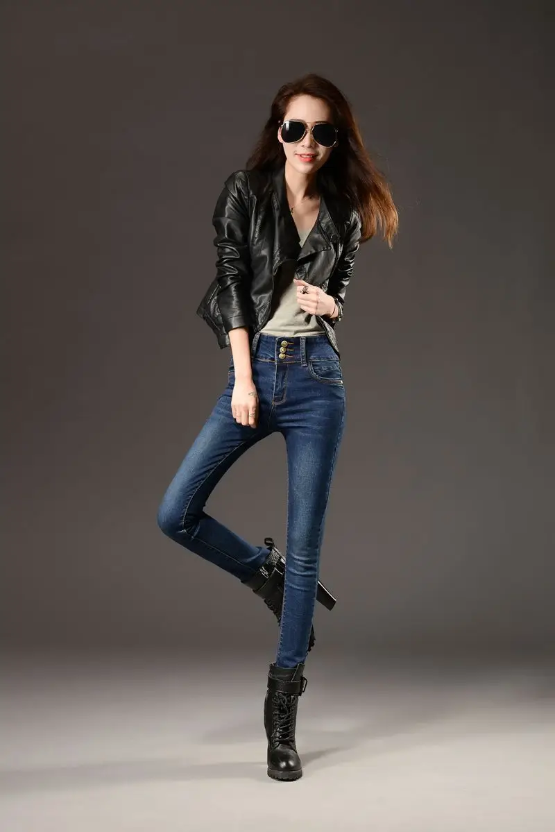Трехслойные эластичные джинсы с высокой талией, женские брюки, тонкие узкие брюки-карандаш, повседневные брюки, 4 цвета