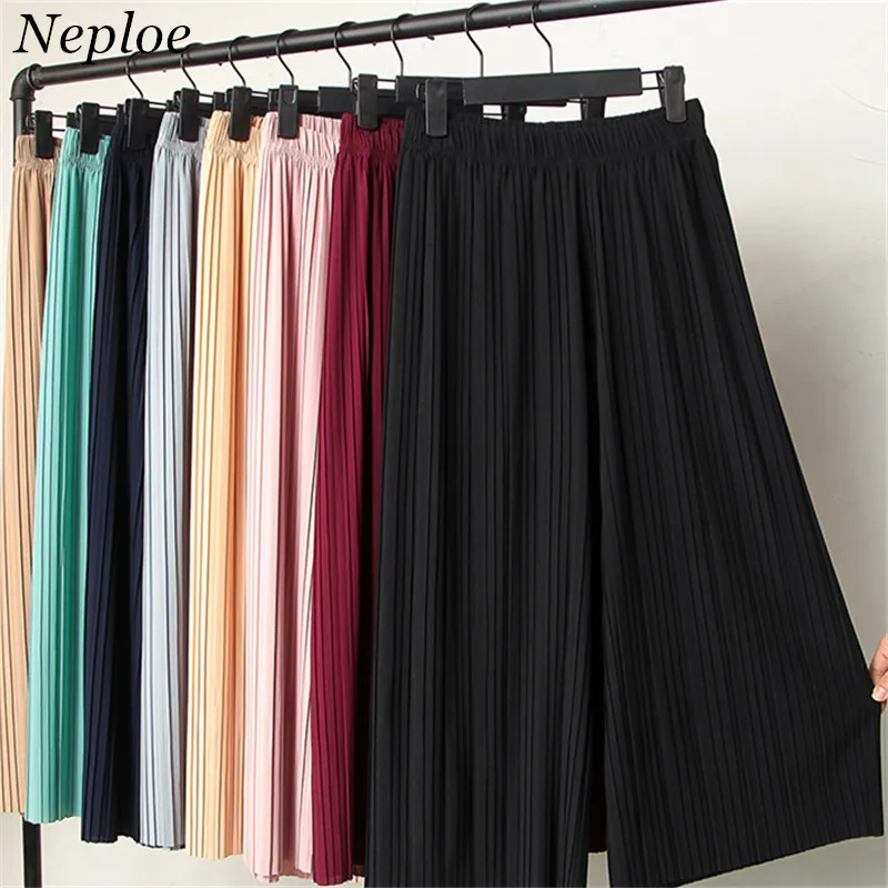 

Neploe 2019 Summer Casual Loose Solid Korean Thin Women Wide Leg Pants Newly Fashion High Waist Chiffon Pleated Pants 67448