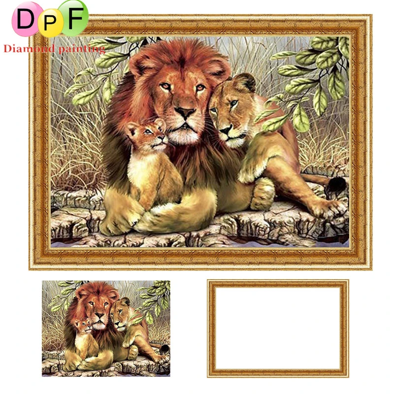 

DPF Framed Diamond Embroidery Needlework crafts Round Diamond Painting Cross Stitch Rhinestone home Decor picture lion Famliy