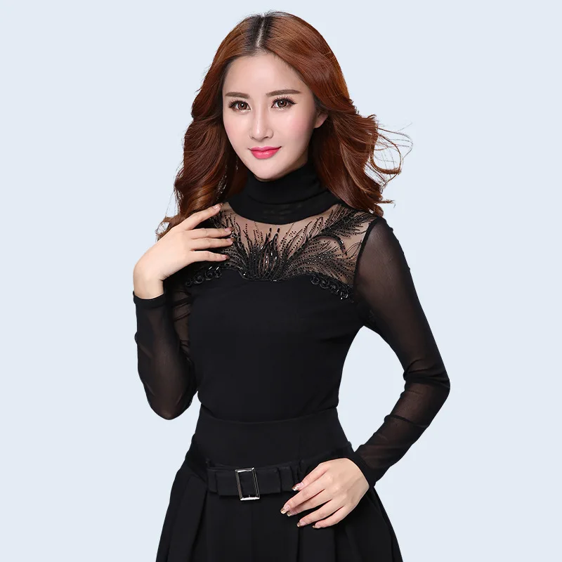 Goedkoop Fglac Lente En Herfst Vrouwen Lace Tops Fashion Casual Lange Mouwen Vrouwen Blouse Shirt Coltrui Diamonds Kant Shirt Blusas