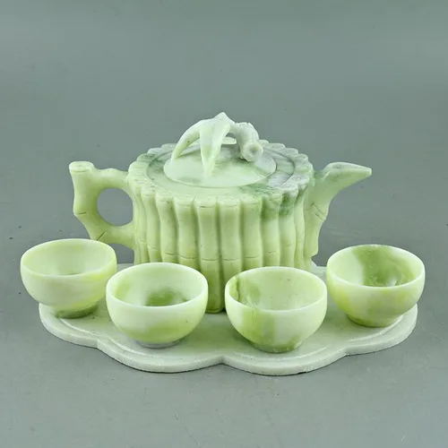 

China Lantian jade carved jade bamboo bamboo bundle teapot teapot four cups of tea Kung Fu