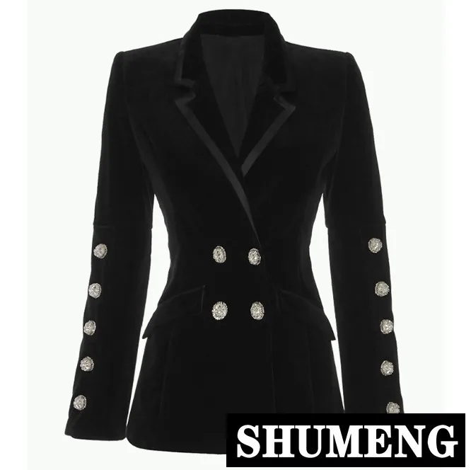 

2019 Spring and Autumn Diamond Buckle Double-breasted Black Velvet Suit Jacket Ladies Retro Long Sleeve Slim Blazer Outwear