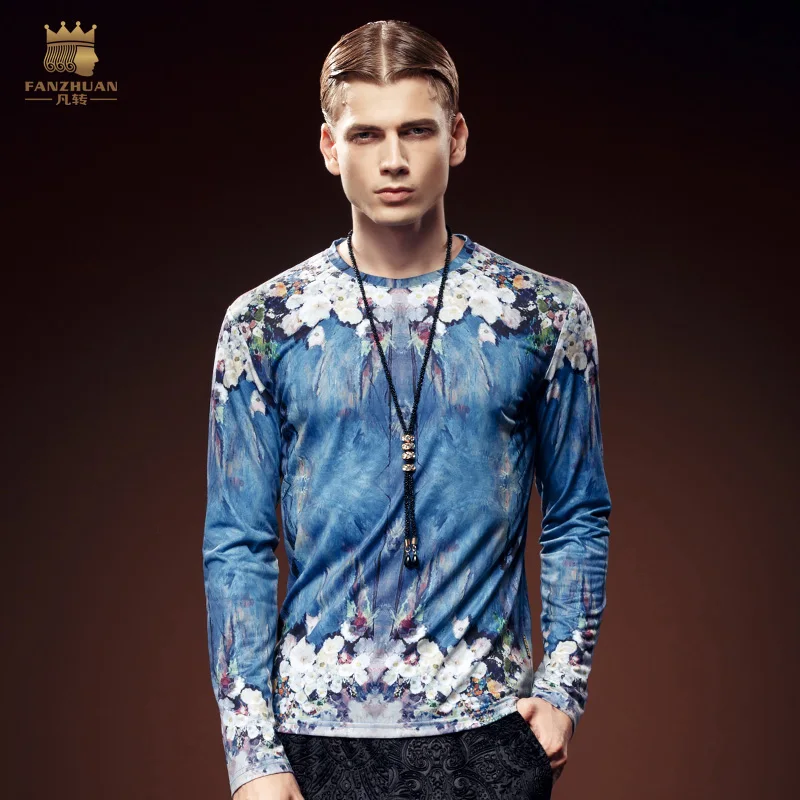 

Free Shipping New Male fashion man's casual O neck long-sleeved 2016 floral prints Metrosexual personality shirt T-shirt 615092