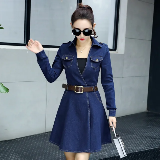Spring Korean long sleeve denim dress women 2019 autumn new slim v neck ...