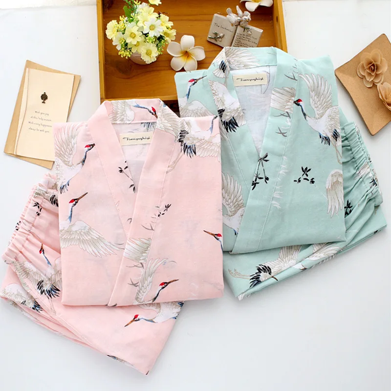 Women's Yukata Japanese Kimono Robes Pajamas Sets Cotton Dress Shorts Pants Nightgown Sleepwear Bathrobe Leisure Wear Homewear