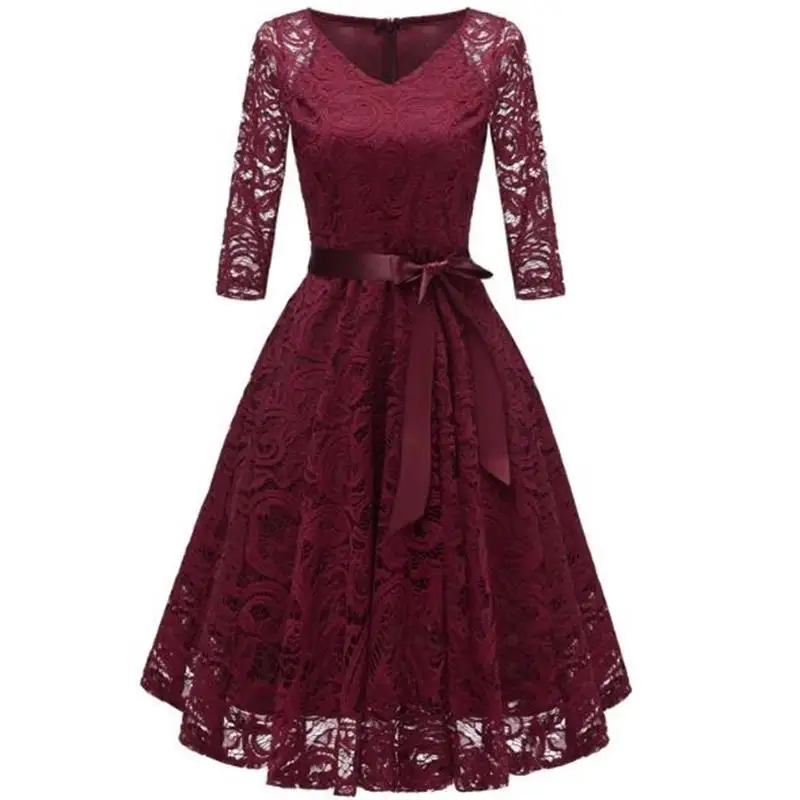 TYJTJY элегантное кружевное платье с рукавом 3/4 женская одежда осень зима с поясом однотонное v-образный вырез миди винтажные женские вечерние платья