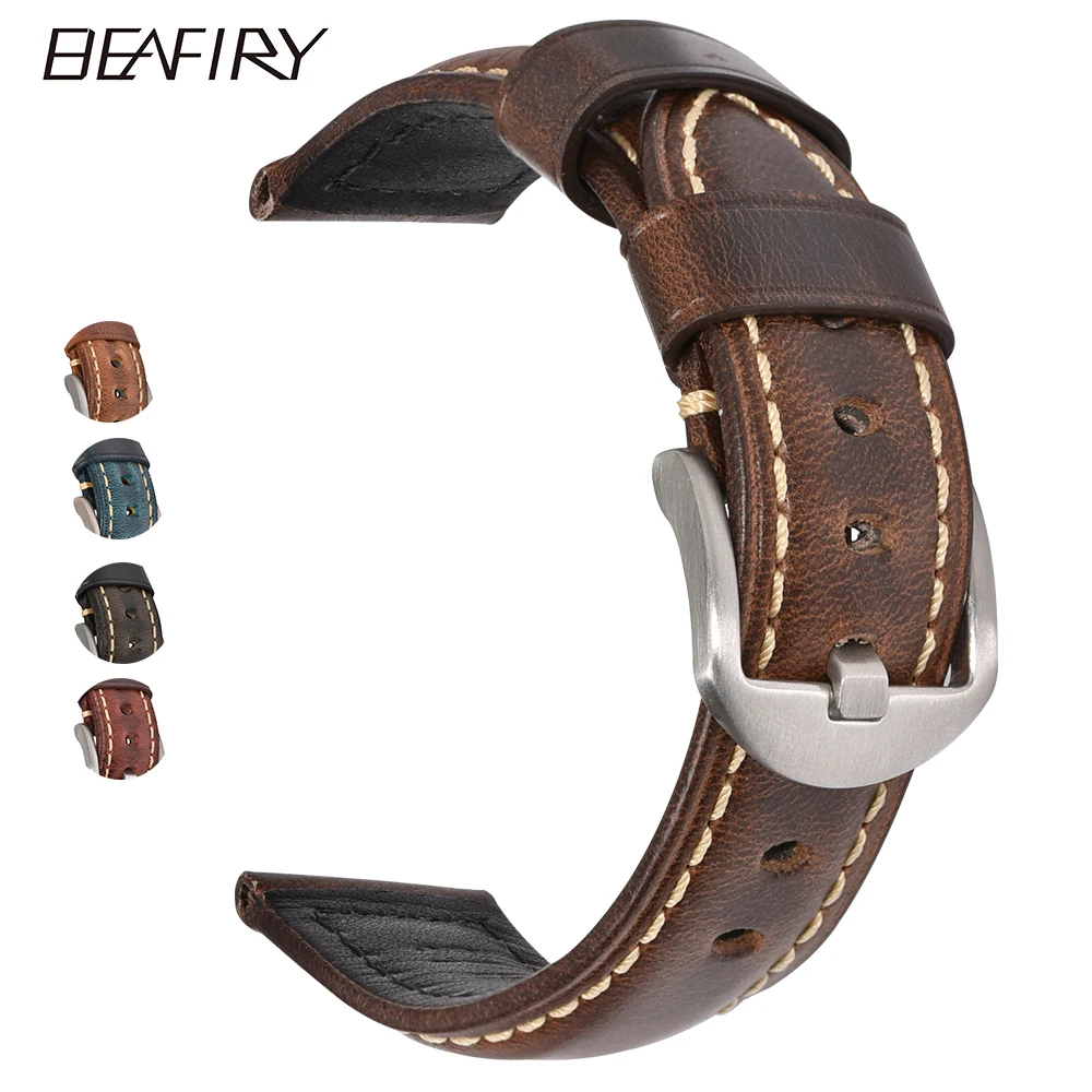 Billig BEAFIRY Mode Öl Wachs Echtem Leder Uhr Band 20mm 22mm 24mm Uhr Uhrenarmbänder Gürtel Mit Pin schnalle braun blau schwarz
