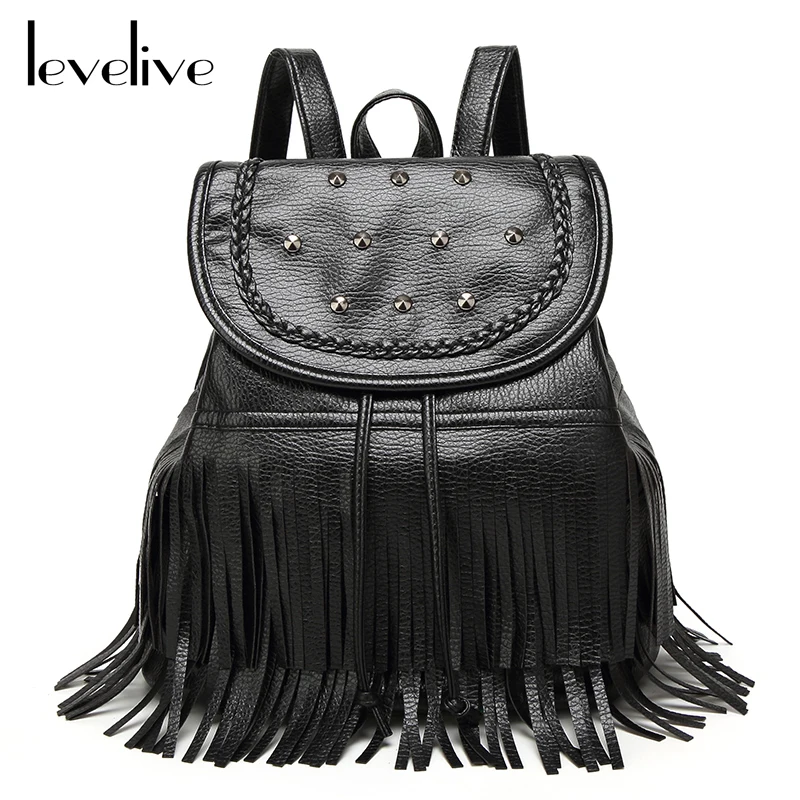 LEVELIVE New Girl Backpack Women Tassel Leather Backpacks for Teenage Girls School Bags Female Bagpack Mochilas