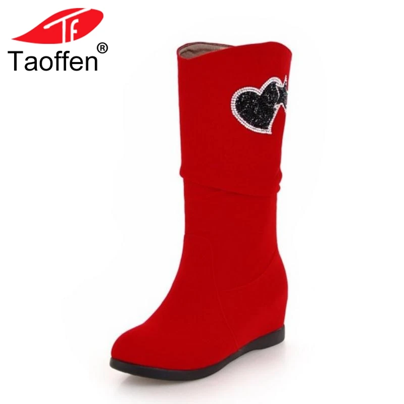 

TAOFFEN Size 34-43 Mid Calf Women Boots Wedge Bling Crystal Warm Fur Woman Shoes Winter Female Inside Heel Long Boots