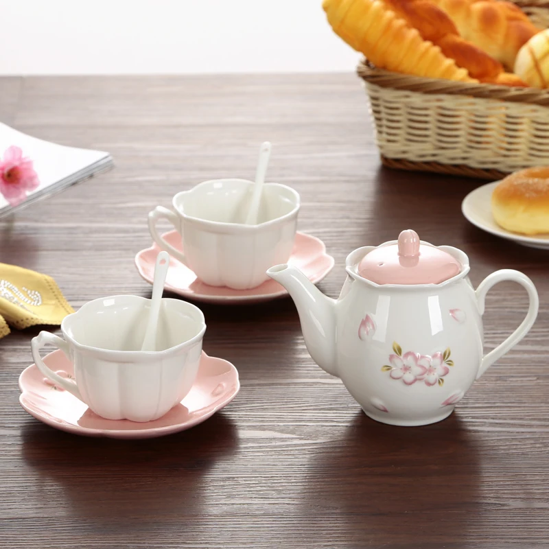 Emboss Cherry Flower Teapot Cup Saucer Sets Afternoon Tea Ceramic Coffee Cup Set China Ceramic Tea Set Wedding Gifts Drinkware Emboss Cherry Flower Teapot Cup Saucer Sets Afternoon Tea Ceramic Coffee Cup Set China Ceramic Tea Set Wedding Gifts Drinkware