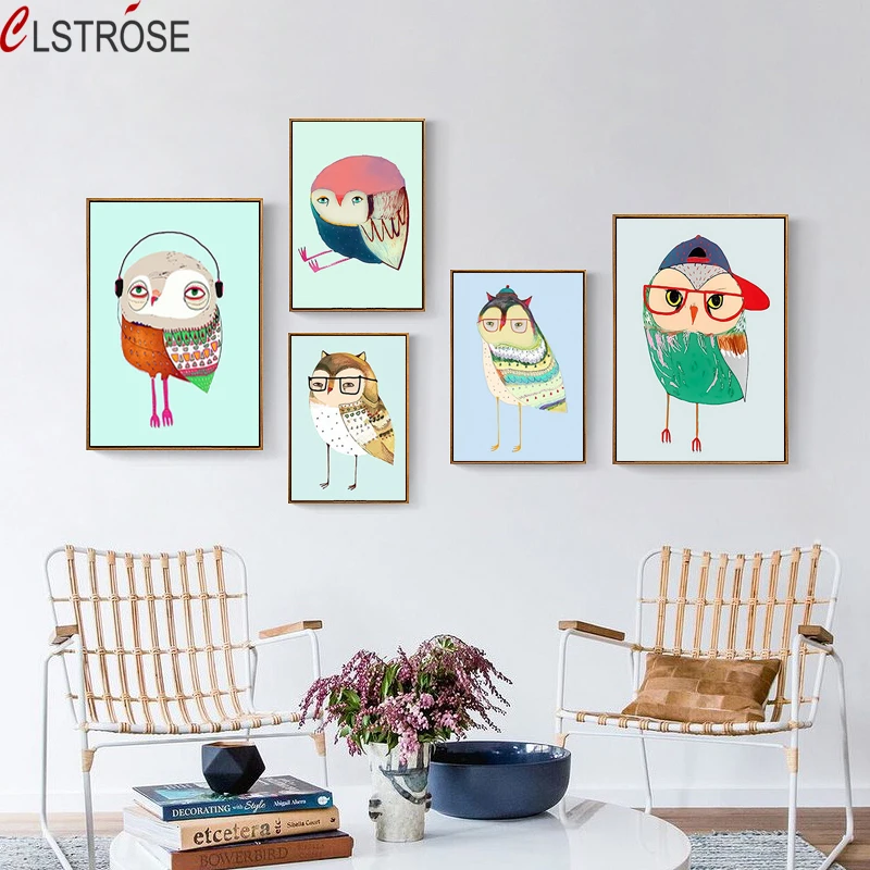 Modern-Watercolor-Cartoon-Cute-Colorful-owl-Art-Canvas-Painting-Posters-and-Prints-Picture-Kids-Room-Home