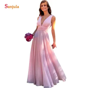 

Simple Pink Chiffon Bridesmaid Dresses For Wedding Party A-line Deep V-neck Floor Length Long Formal Dress Women BY16