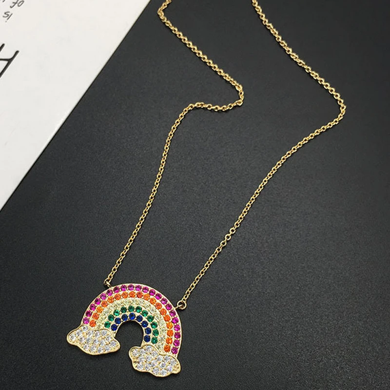 

Women Zircon Rainbow Pendant Necklace Bling Bling Rhinestone Sweater Chain Necklace Gift for Love Girlfriend