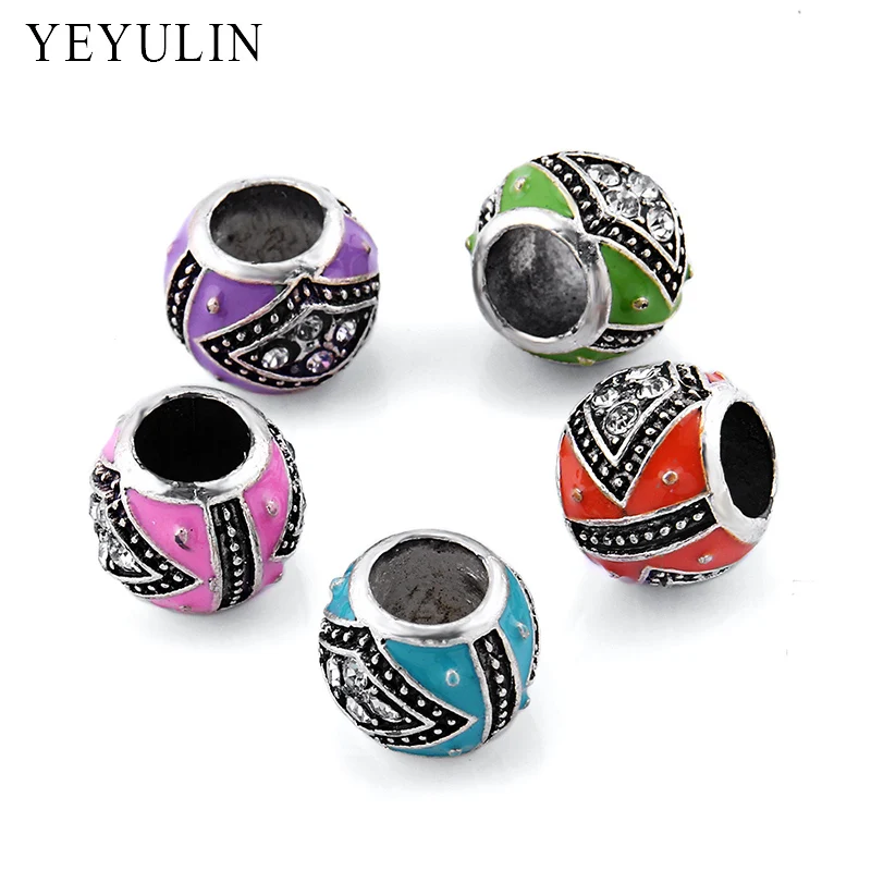 

Retro Alloy Rhombic Pattern Inlay Rhinestone Enamel Big Hole Beads Loose Spacer Charms Jewelry For DIY Making 10pcs