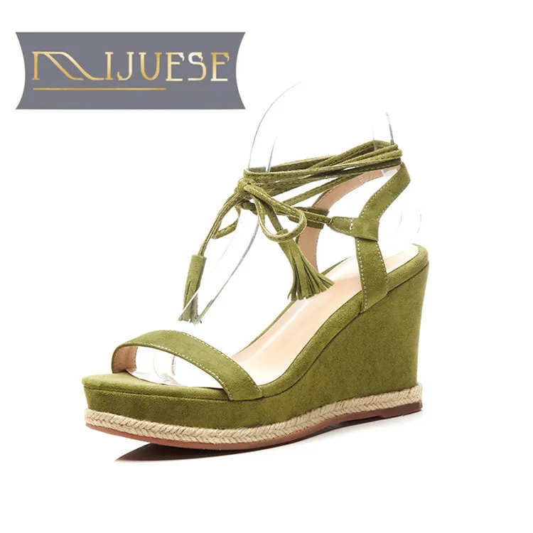 

MLJUESE 2018 women sandals Genuine leather Kids Suede Green color gladiator high heels platform wedges sandals women size 34-39