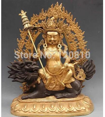 

China folk buddhism Copper Bronze King Gesar Buddha Ride on Lion Foo Dog Statue