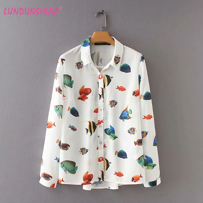 LUNDUNSHIJIA, женская шифоновая рубашка с принтом тропической маленькой рыбки, женская Свободная блузка с длинным рукавом,, летние женские топы