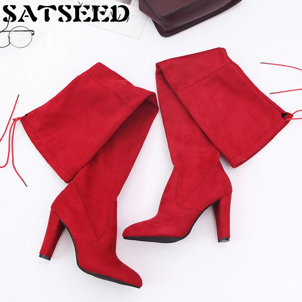 

2017 New Winter Boots Rough Pointed High-heeled Zipper Fine Leg Bandage Over Knee Boots Women Shoes Short Plush Fashion